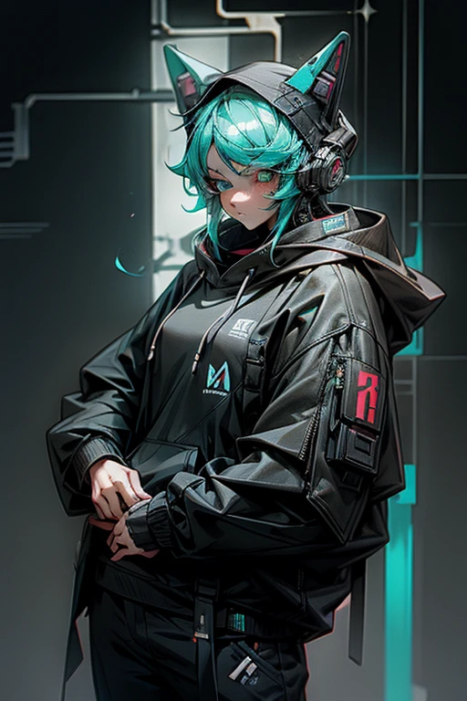A black hoodie,Cyberpunk style of cat-type people,Cyan with a digital cyberpunk anime style。