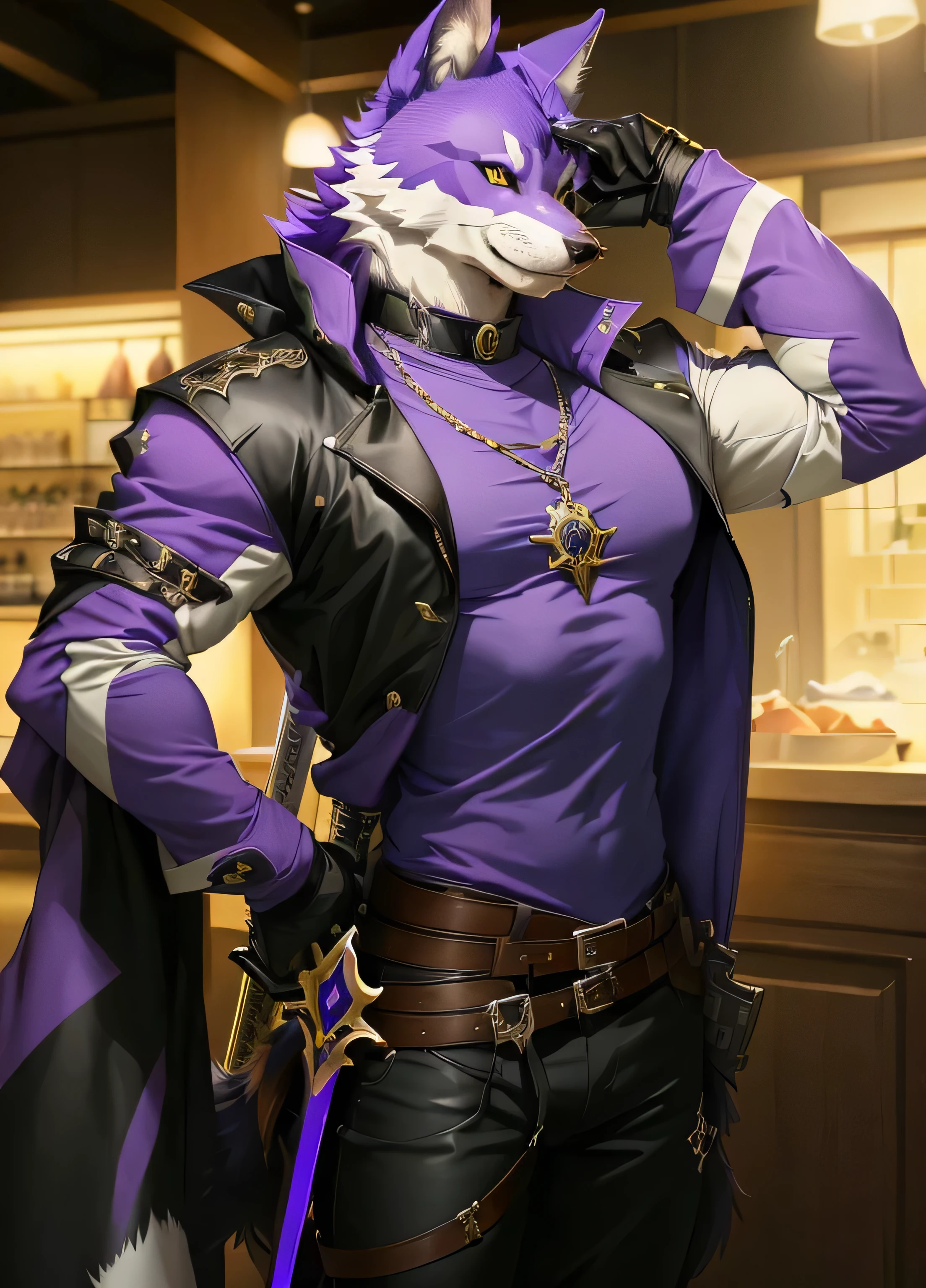 anime character with a sword and a purple shirt, fursona wearing stylish clothes, commission for high res, (sfw) safe for work, very very beautiful furry art, furry mawshot art, pov furry art, furry character, wolf o'donnell, fursona furry art commission, professional furry drawing, handsome weasel fursona portrait, furry anime, fursona art