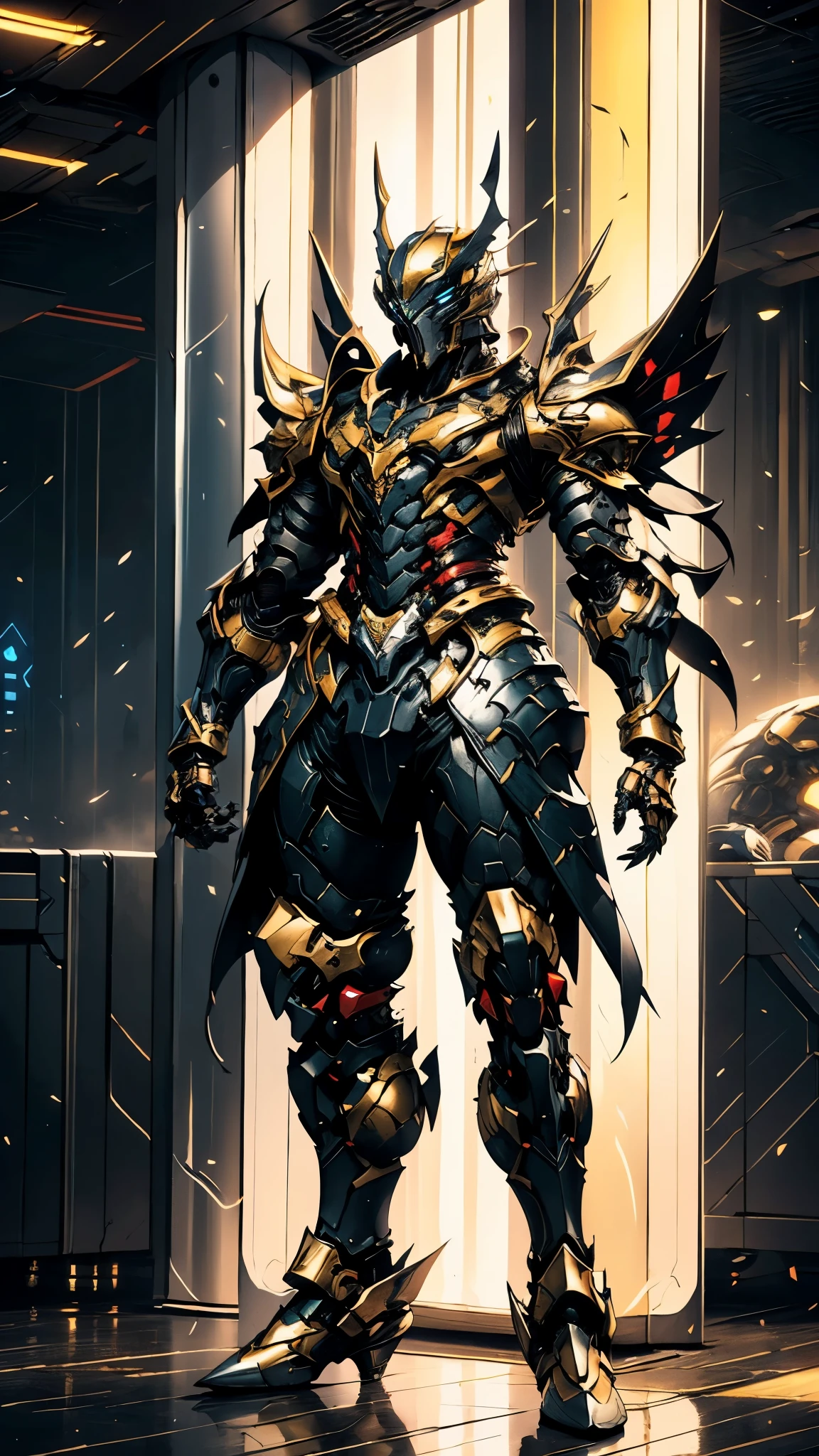 A man wearing a full-face helmet, a fantasy-style biotech armored combat suit, green eyes, (a composite layered chest armor), fully enclosed shoulder guards, matching arm and leg guards, the belt is adorned with Beetle-shaped gem, (the color scheme is primarily black with red accents), the design balances heavy with agility, a high-tech bio-mecha armor, (Dynastinae concept Armor, stand on the top of a skyscraper in a futuristic sci-fi city), this character embodies a finely crafted fantasy-surreal style armored hero in anime style, exquisite and mature manga art style, (element, plasma, energy, the armor glows), ((male:1.5)), metallic, real texture material, dramatic, high definition, best quality, highres, ultra-detailed, ultra-fine painting, extremely delicate, professional, perfect body proportions, golden ratio, anatomically correct, symmetrical face, extremely detailed eyes and face, high quality eyes, creativity, RAW photo, UHD, 32k, Natural light, cinematic lighting, masterpiece-anatomy-perfect, masterpiece:1.5