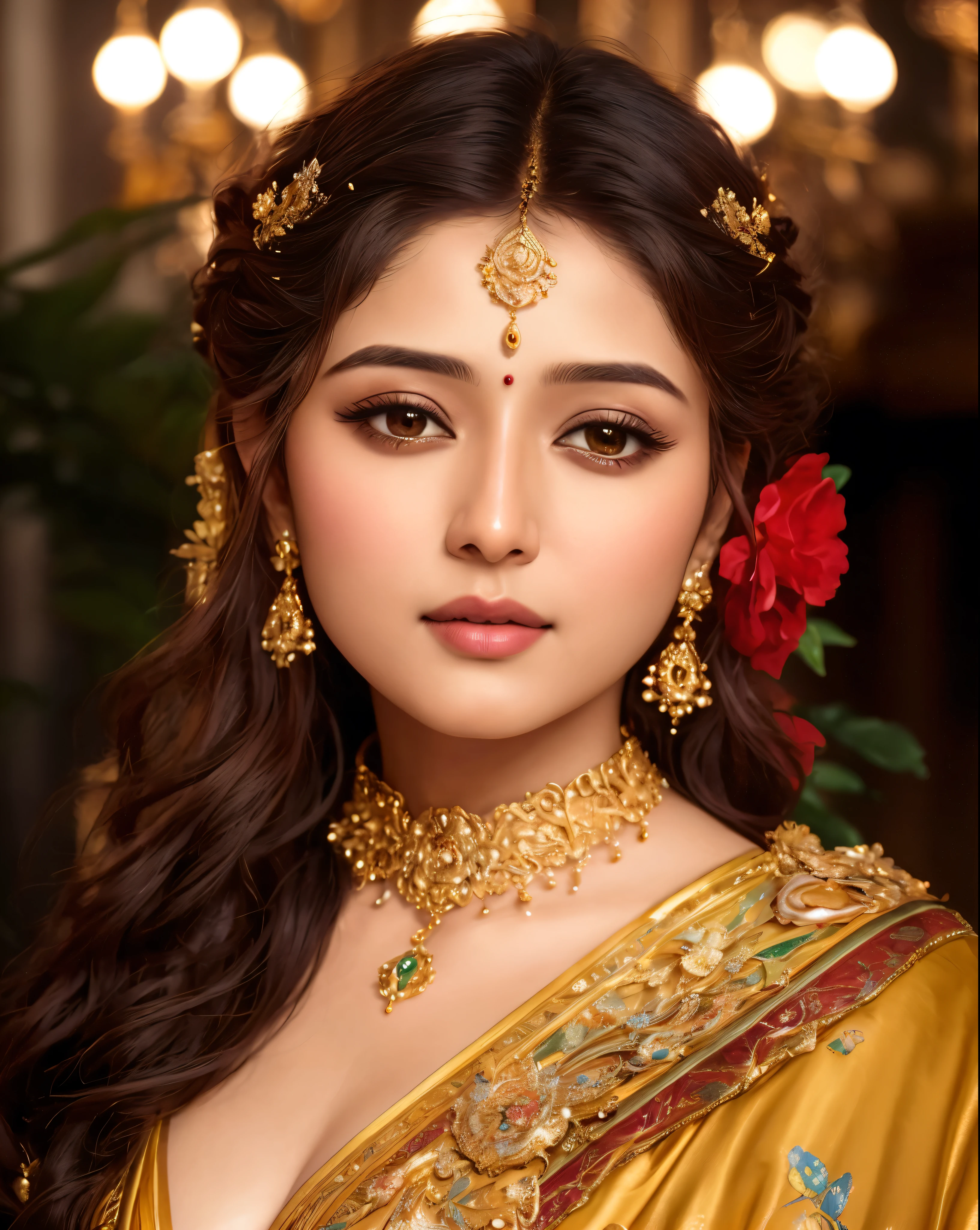 Face mix of Anushka Shetty and Nayanthara, a masterpiece ultrarealistic ultradetailed portrait of a beautiful girl in incredible goledn armor. baroque renaissance. in forest. medium shot, intricate, elegant, highly detailed. trending on artstation, digital art, by stanley artgerm lau, wlop, rossdraws, james jean, andrei riabovitchev, marc simonetti, yoshitaka amano. background by james jean and gustav klimt, light by julie bell, 4 k, porcelain skin.