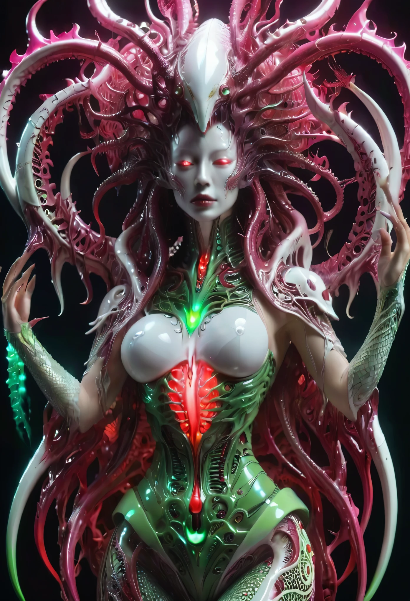 (best quality,4k,8k,highres,masterpiece:1.2), ultra-detailed, (realistic,photorealistic,photo-realistic:1.37), (((There is a female genital-like organ on her head:1.7))), (There's a pussy on her forehead]1.3), 1 creature, otherworldly, Lovecraftian, chitinous skin, bioluminescent patterns, somber color palette, eerie lighting.(NSFW:1.4), white, pink, green, very sharp long red claws, (She has bioluminescent all over her body:1.3), erotic, (NSFW:1.5), fractal, tangle, entangle, zentangle, destroyed anatomy, (extremely thin waist:1.2), ferocious predator,