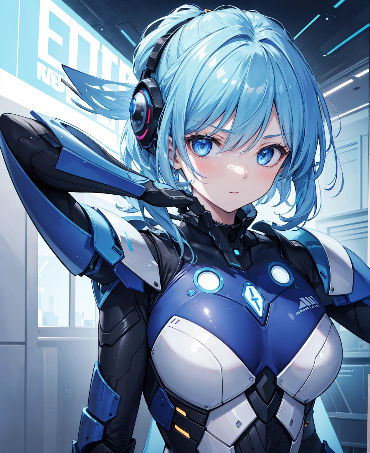 8k, highest quality, (real:1.4), Original photo, 1 girl, Asari Hair, Biological Amplifier, refined armor, posture: Peace talks between warring factions, smart blue eyes
