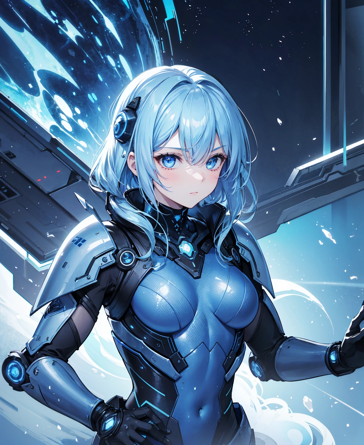8k, highest quality, (real:1.4), Original photo, 1 girl, Asari Hair, Biological Amplifier, refined armor, posture: Peace talks between warring factions, smart blue eyes

