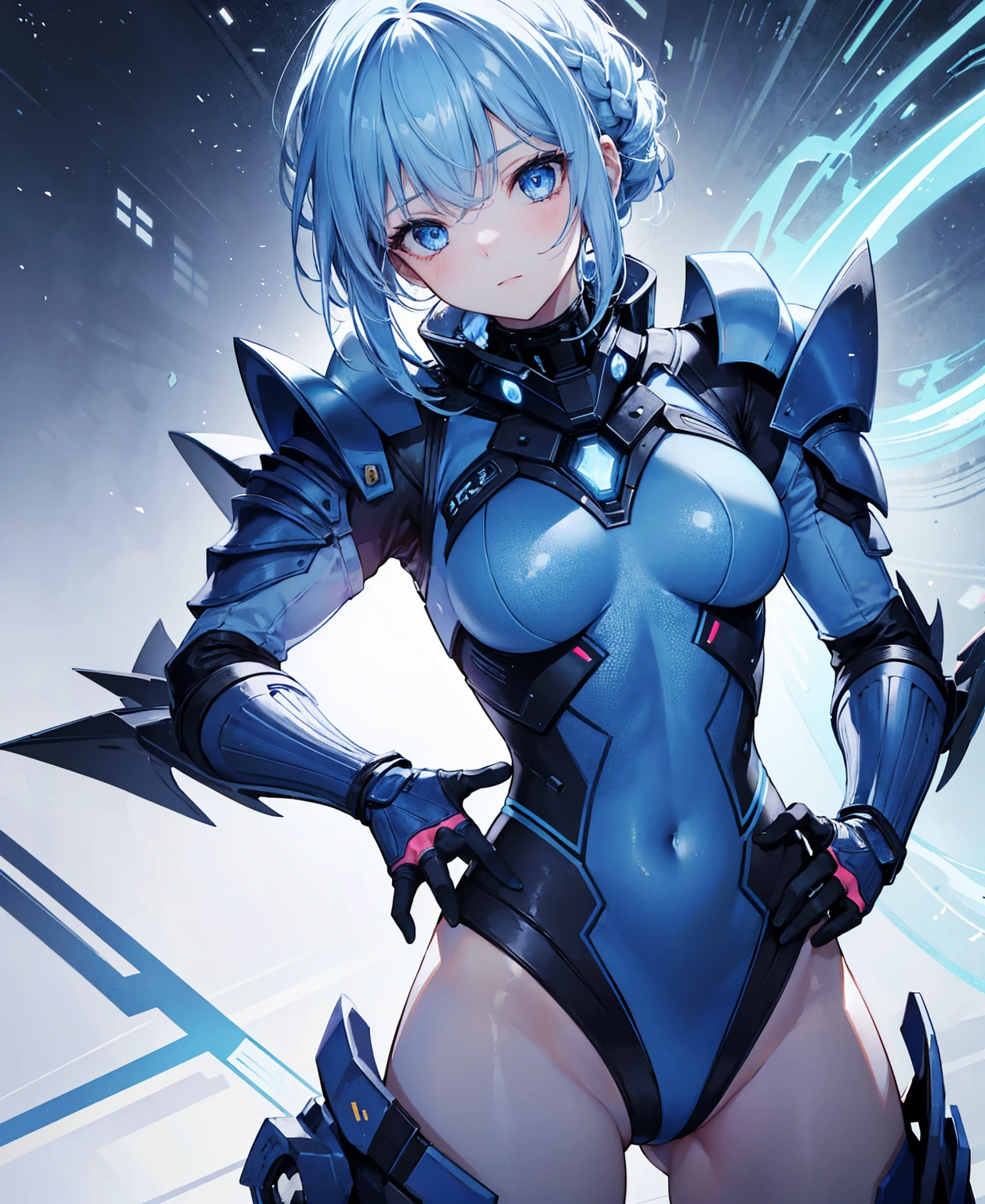 8k, highest quality, (real:1.4), Original photo, 1 girl, Asari Hair, Biological Amplifier, refined armor, posture: Peace talks between warring factions, smart blue eyes