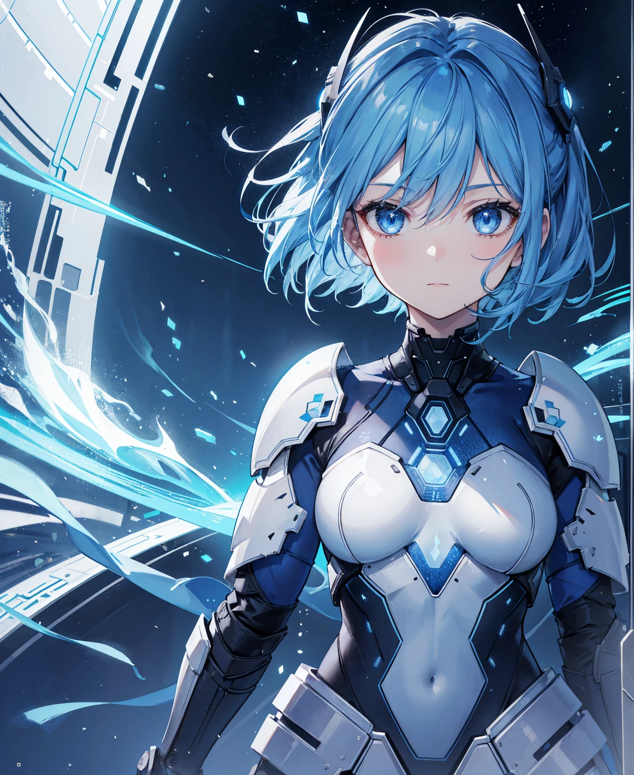 8k, highest quality, (real:1.4), Original photo, 1 girl, Asari Hair, Biological Amplifier, refined armor, posture: Peace talks between warring factions, smart blue eyes
