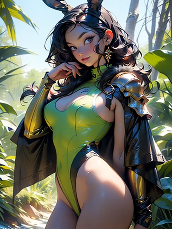 cute bunny girl,(((1girl))),((bunny girl with extremely cute and beautiful black hair)),(((bunny girl,anthro furry cute,bunny-girl))),(((bunny ears,bunny ears on head,big bunny ears))),
(large breasts:1.4),saggy breasts,((((black hair,red hair, two-tone hair),colored inner hair,ear breathing,long hair))),((heterochromia:1.5, (pink_eye and yellow_eye))),intricate eyes,beautiful detailed eyes,symmetrical eyes,((fat)),(((lustrous skin:1.5,bright skin: 1.5,skin tanned,shiny skin,very shiny skin,shiny body,plastic glitter skin,exaggerated shiny skin,illuminated skin,wet legs))),(spider lower abdomen,narrow waist,wide hip,athletic body,inflated legs, thick thighs,detailed body,(detailed face)),
cute,slutty,seductive,erotic,(((nsfw))),
zettai ryouiki,((slingshot fur swimsuit black,wearing a slingshot fur swimsuit outfit:1.3,swimsuit type fur,black armor fur swimsuit:1.3)),(((huge cleavage))),((wet clothes,intricate outfit,intricate clothes)),
(dynamic pose:1.0),solo focus,embarrassed,(centered,scale to fit dimensions,Rule of thirds),
((pine forest)),scenery:1.25,((intricate scenery)),((forest background)),
(Glossy pastel ornaments),highres,sharp focus,(ultra detailed,extremely detailed),(photorealistic artwork:1.37),(extremely detailed CG unity 8k wallpaper),(((vibrant colors,vibrant theme))),(intricate),(masterpiece),(best quality),artistic photography,(photography taken by sldr),(intricate background),perfect rendered face,perfect face details,realistic face,photo realistic,((intricate detail)),(((realism))),