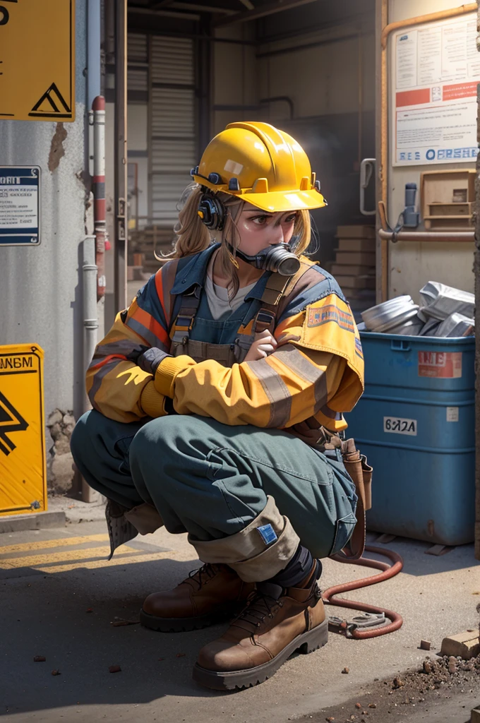 masterpiece, best quality, ultra-detailed, illustration, 1girl, solo, shiny, reflective, latex, work suit, voluptuous, body, squatting, detailed, work shoes, messy, workshop, industrial, high heels, black, red, silver, metallic, gloves, goggles, protective, equipment, machinery, tools, sparks, dirt, grime, oil, stains, sweat, exhaust, pipes, gauges, dials, buttons, levers, cables, wires, hydraulic, systems, hydraulic press, crane, pulley, welding, torch, grinder, drill, saw, hammer, screwdriver, wrench, pliers, spanner, toolbox, fire extinguisher, first aid kit, ventilation, ducts, light fixtures, emergency exit, warning signs, caution tape, posters, calendar, coffee mug, dirty, workbench, storage, shelves, bins, lockers, hard hat, safety vest, ear muffs, face shield, respirator, smoke, fumes, debris, concrete floor, concrete walls, metal beams, rivets, bolts, screws, nuts, washers, chains, ropes, hooks, clamps, magnets, bearings, lubricants, fluids, solvents, adhesives, lubrication, maintenance, repair, overhaul, upgrade, installation, assembly, fabrication, customization, prototype, research, development, testing, quality control, inspection, certification, compliance, regulation, standard, efficiency, productivity, innovation, excellence, satisfaction, teamwork, dedication, professionalism, empowerment, diversity, equality, respect, safety culture, industrial fashion, sci-fi, cyberpunk, dystopian