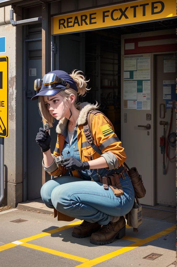 masterpiece, best quality, ultra-detailed, illustration, 1girl, solo, shiny, reflective, latex, work suit, voluptuous, body, squatting, detailed, work shoes, messy, workshop, industrial, high heels, black, red, silver, metallic, gloves, goggles, protective, equipment, machinery, tools, sparks, dirt, grime, oil, stains, sweat, exhaust, pipes, gauges, dials, buttons, levers, cables, wires, hydraulic, systems, hydraulic press, crane, pulley, welding, torch, grinder, drill, saw, hammer, screwdriver, wrench, pliers, spanner, toolbox, fire extinguisher, first aid kit, ventilation, ducts, light fixtures, emergency exit, warning signs, caution tape, posters, calendar, coffee mug, dirty, workbench, storage, shelves, bins, lockers, hard hat, safety vest, ear muffs, face shield, respirator, smoke, fumes, debris, concrete floor, concrete walls, metal beams, rivets, bolts, screws, nuts, washers, chains, ropes, hooks, clamps, magnets, bearings, lubricants, fluids, solvents, adhesives, lubrication, maintenance, repair, overhaul, upgrade, installation, assembly, fabrication, customization, prototype, research, development, testing, quality control, inspection, certification, compliance, regulation, standard, efficiency, productivity, innovation, excellence, satisfaction, teamwork, dedication, professionalism, empowerment, diversity, equality, respect, safety culture, industrial fashion, sci-fi, cyberpunk, dystopian
