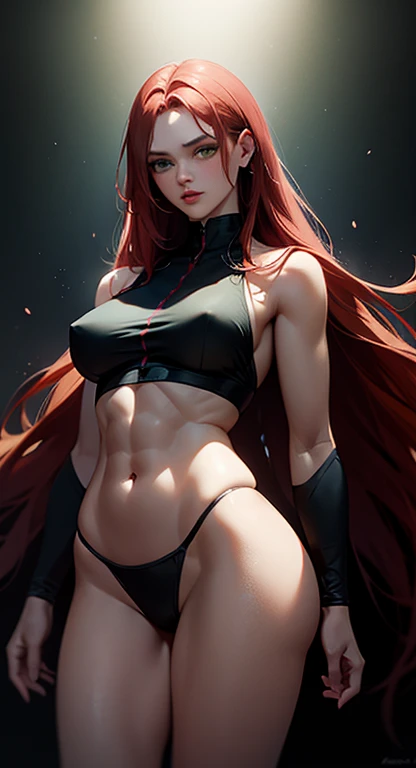 A stunningly realistic dark fantasy portrait of a tall, leggy red-haired woman with a chiseled abs, small waist, large emerald green eyes, and plump lips. She stands confidently, her body displayed in all its glory. The background is a mix of dark, brooding colors, with some ethereal elements, creating an atmospheric and mysterious setting. The overall tone of the image is a blend of beauty, power, and darkness., dark fantasy, portrait photography, painting