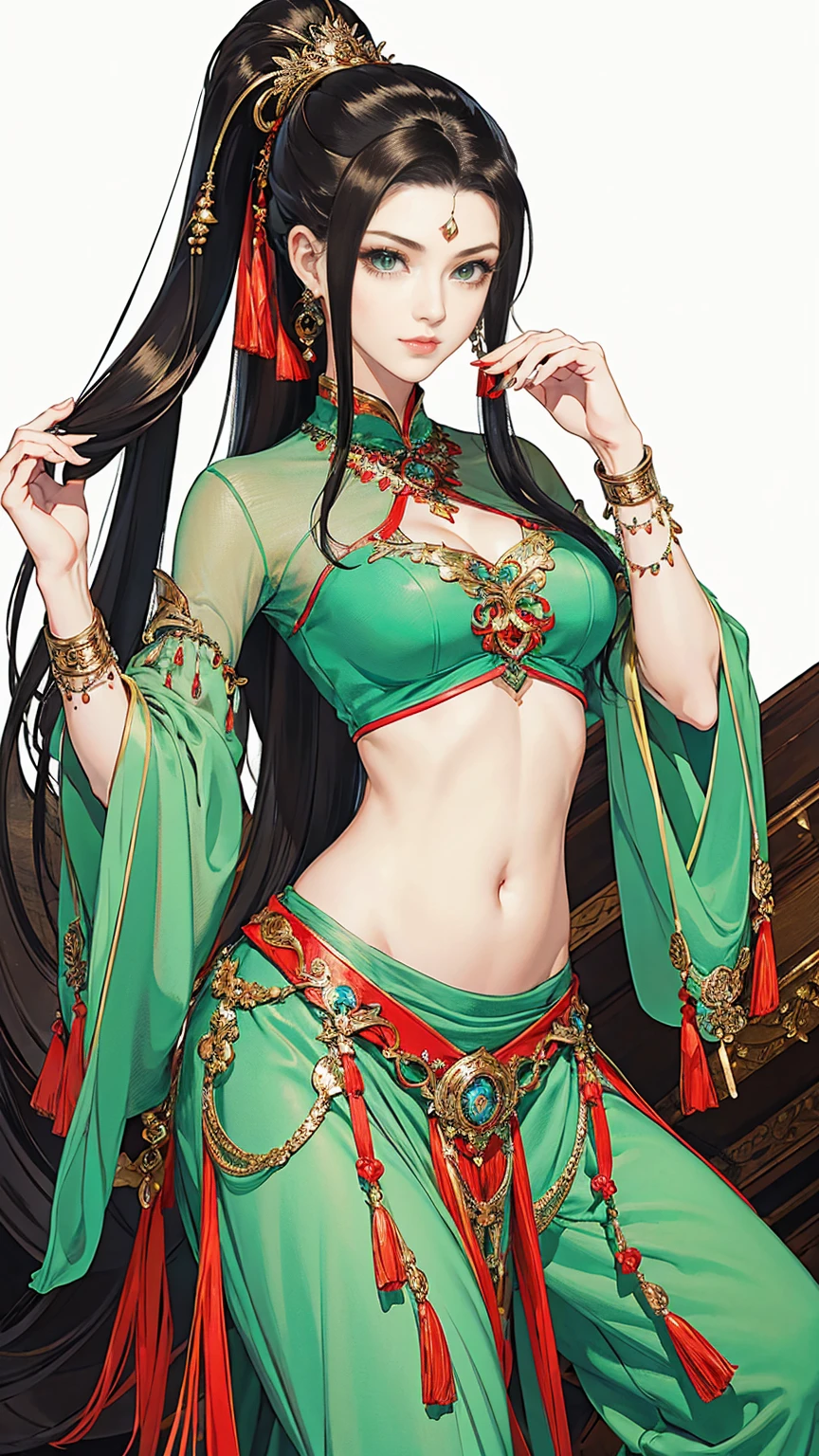 (masterpiece, Best quality, a high resolution, ultra detailed), (beautiful and aesthetically pleasing: 1.2), ((1 woman)), adult, (black hair), ((long wavy ponytail hair)), ((Green eyes)), female focus, perfect  body, (slight smile: 0.8), detailed eyes and face , Full length figure, full body, Harem, костюм для Haremа, live in gamera, Silk, Decorations, luxury, wealth, belly dance