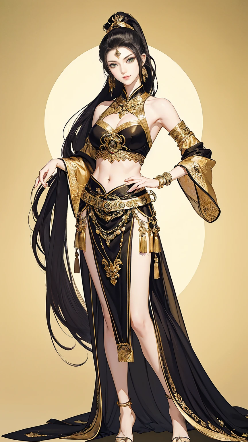 (masterpiece, Best quality, a high resolution, ultra detailed), (beautiful and aesthetically pleasing: 1.2), ((1 woman)), adult, (black hair), ((long wavy ponytail hair)), ((Green eyes)), female focus, perfect  body, (slight smile: 0.8), detailed eyes and face , Full length figure, full body, Harem, костюм для Haremа, live in gamera, Silk, Decorations, luxury, wealth, belly dance