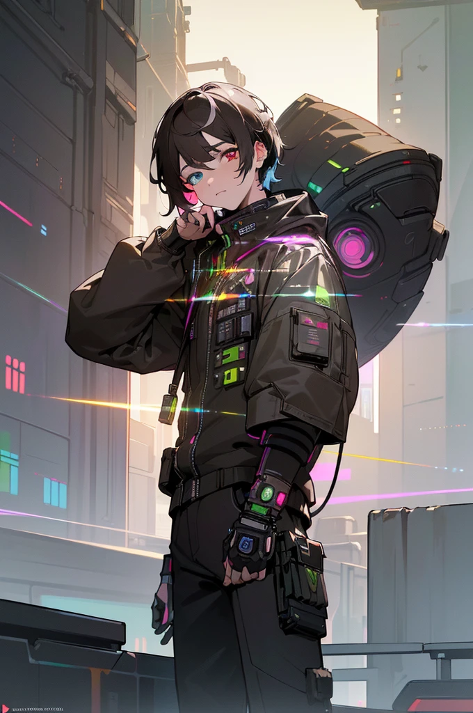 (artwork:1.2), (masterpiece:1.3), (best quality:1.2), (best artist:1.2), (indirect linear lighting:1.3), (best desinger:1.3), (Wlop:1.1), (extremely detailed CG 8k unit wallpaper), (1boy), short brown hair, (multicolored eyes+heterochromia:1.5), wearing clothes (cyberpunk electronics:1.2), (futuristic city background:1.3), highlighting multicolored eyes with heterochromia.
