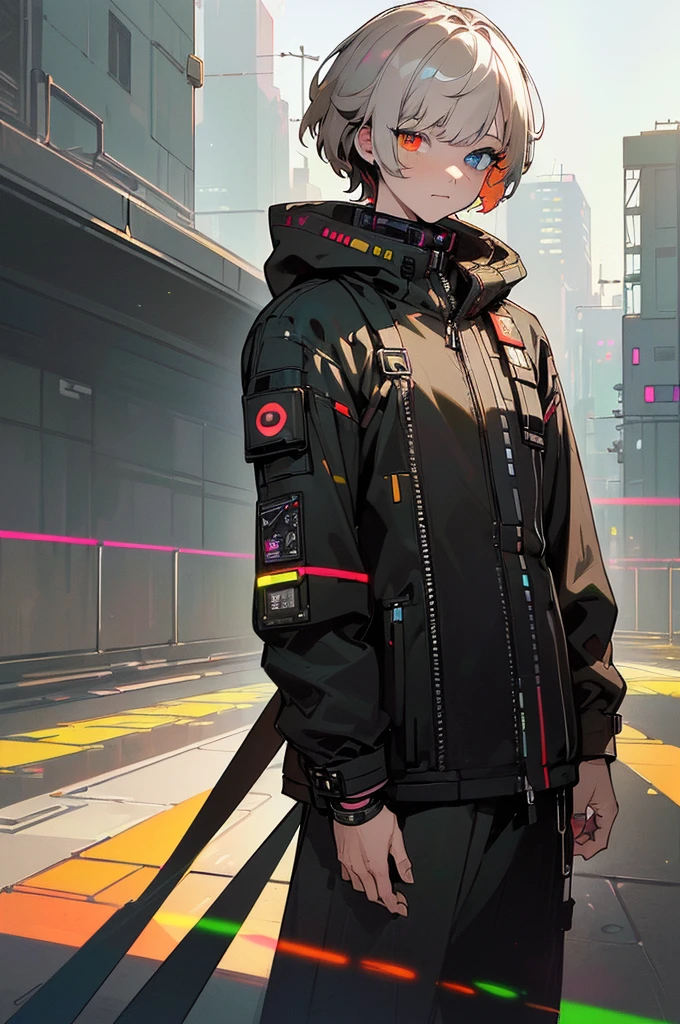 (artwork:1.2), (masterpiece:1.3), (best quality:1.2), (best artist:1.2), (indirect linear lighting:1.3), (best desinger:1.3), (Wlop:1.1), (extremely detailed CG 8k unit wallpaper), (1boy), short brown hair, (multicolored eyes+heterochromia:1.5), wearing clothes (cyberpunk electronics:1.2), (futuristic city background:1.3), highlighting multicolored eyes with heterochromia.