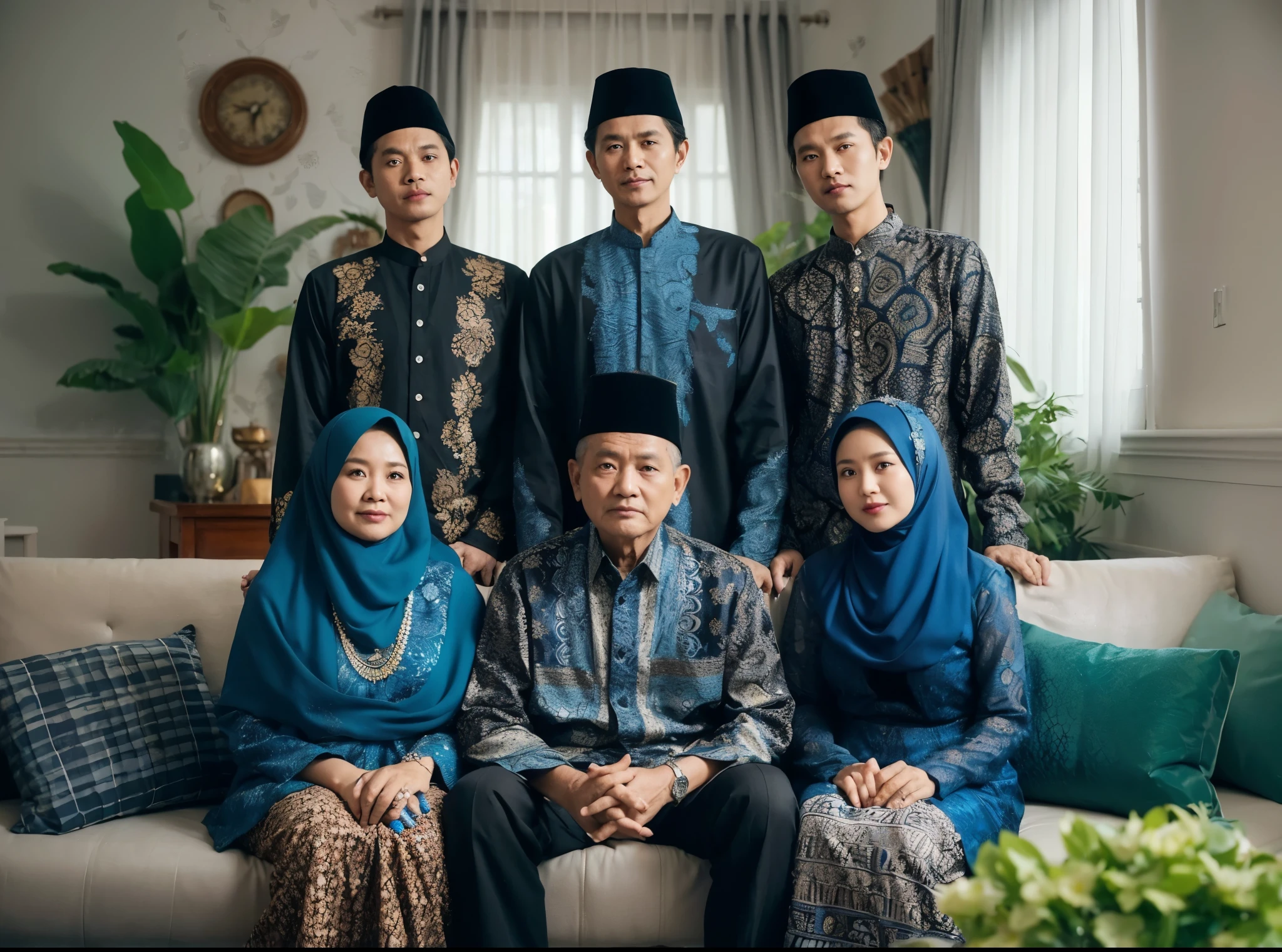 Indonesian family photo, six members, 60-year-old father and mother, one woman and three men, they are wearing matching blue and black batik shirts, and a blue-black Muslim kebaya, wearing hijabs, realistic photo, living room background, daylight lighting, green flower vase, best photography, UHD, 32K 