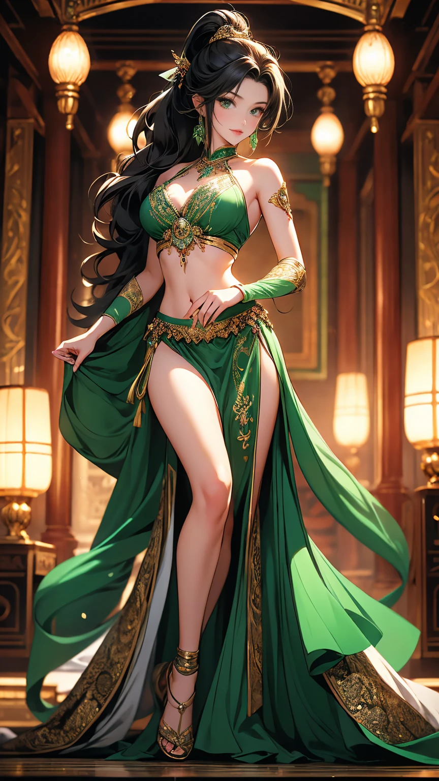 (masterpiece, Best quality, a high resolution, ultra detailed), (beautiful and aesthetically pleasing: 1.2), ((1 woman)), adult, (black hair), ((long wavy ponytail hair)), ((Green eyes)), female focus, perfect  body, (slight smile: 0.8), detailed eyes and face , Full length figure, full body, Harem, костюм для Haremа, live in gamera, Silk, Decorations, luxury, wealth, belly dance