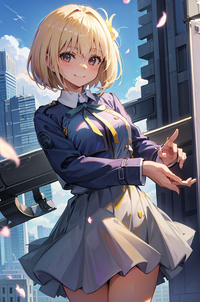 masterpiece、top-quality、Female one、bangss、platinum-blonde、yellow 、yellow blush、breastsout、Y shirt、cowboy shot、dress shirts、Eyebrows visible through the hair、Grinning、Bob Hair、Viewer's Perspective、yellow tie ribbon、Akame、student clothes、a blue skirt、A smile、solo、perfect fingars, , blue-sky、flower petals、Fashionable、sano、colourfull、Dynamic、City background lined with skyscrapers