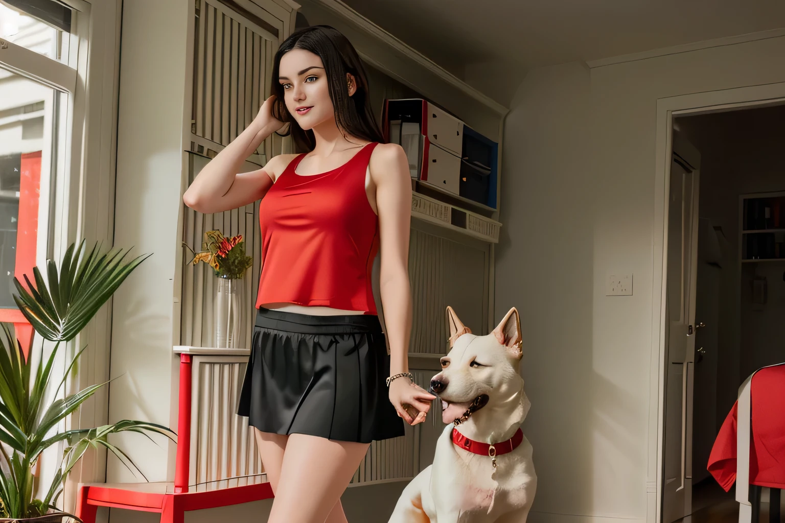 woman in red tank top and black skirt standing next to a white dog, wearing skirt, wearing a tanktop and skirt, middle shot waist up, wearing red shorts, lunging at camera :4, with a red skirt, wearing a camisole and shorts, wearing a skirt, dressed in a top and shorts, blurry image, wearing honey - themed miniskirt