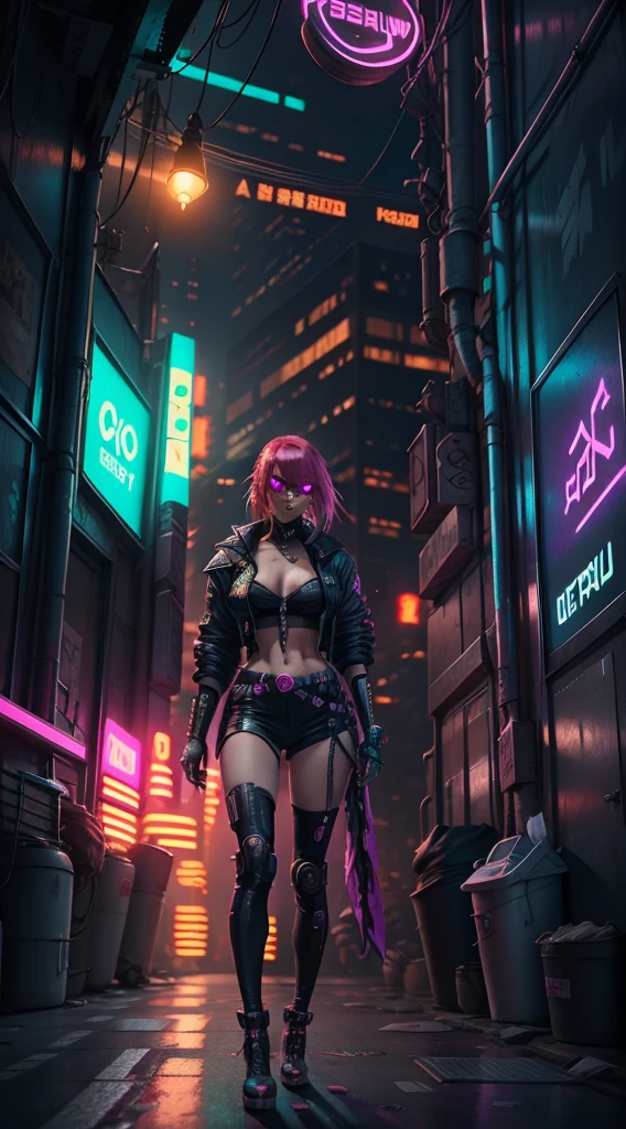"cyberpunk city with a stylish lady character in futuristic attire and vibrant neon lighting."