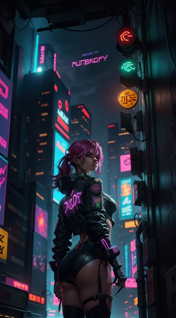 "cyberpunk city with a stylish lady character in futuristic attire and vibrant neon lighting."