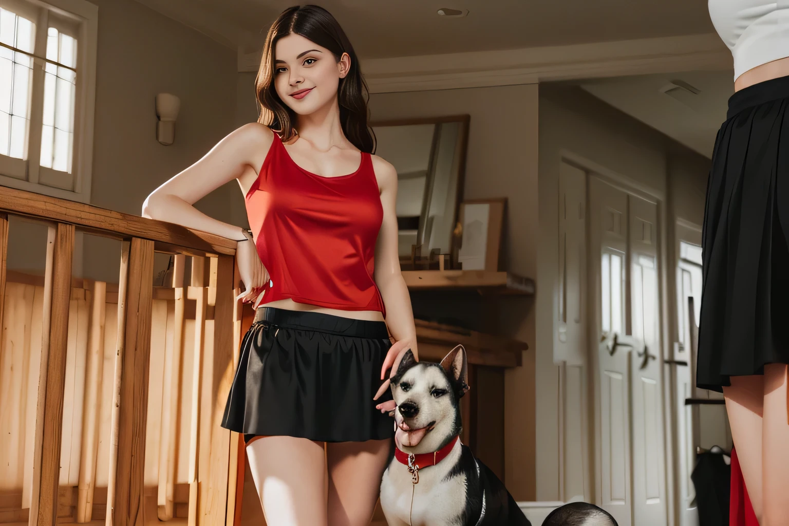 woman in red tank top and black skirt standing next to a white dog, wearing skirt, wearing a tanktop and skirt, middle shot waist up, wearing red shorts, lunging at camera :4, with a red skirt, wearing a camisole and shorts, wearing a skirt, dressed in a top and shorts, blurry image, wearing honey - themed miniskirt