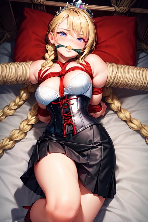 Shiny blond hair, very long hair, sophisticated haircut, ((((hair fully braided)))), ((small twisted braids)), thin and oval face, submissive, (((gagged))), ((((black tight corset)))), ((((tight skirt)))), cute and blushing 18 years old anime girl, look away because she is embarrassed and blushes, bright blue eyes, detailed face, detailed members, detailed arms, detailed hands, ((((sparkling diamond jewelry)))), tiara, ((makeup)), high heels, puffy sleeves, long gloves, long eyelashes, Girl lying, tied by ropes, shackled, can no longer move, tied tightly, very hard tied up with lots of ropes, hampered by so many ropes that she can no longer move, bound hands and feet, ropes tie his whole body, tied extremely tightly and forcefully to her bed by a lot of ropes, its limbs are strongly tied together by ropes, his torso is tied up with thick cords, her chest is so tied up with ropes that it sticks out, her legs are tied tightly with thick ropes, his hands are tied behind his back with ropes, she can no longer move her feet, her hands which are tied by thick ropes, she desperately tries to free herself, likes to be tied tight with big ropes, likes to be immobilized by big ropes, lying down, his hands and feet are strongly tied to the railing of his bed, his legs are pressed together and tied with ropes, its limbs are held vigorously by imposing ropes, her hands are tied securely behind her back by ropes, her chest is compressed by strong ropes, she is pressed against her bed and restrained by large ropes (shibari, arms behind the back:1.4), (hands on the back), (masterpiece, best quality) 1.5, 1girl, solo, (sexy, beautiful woman, perfect face, perfect eyes, perfect hands), samus aran, (shibari, arms behind the back:1.4), (hands on the back), Spread the legs, s' ((lie in bed by big ropes)), ((close up of the girl)), ((((lie in bed))))