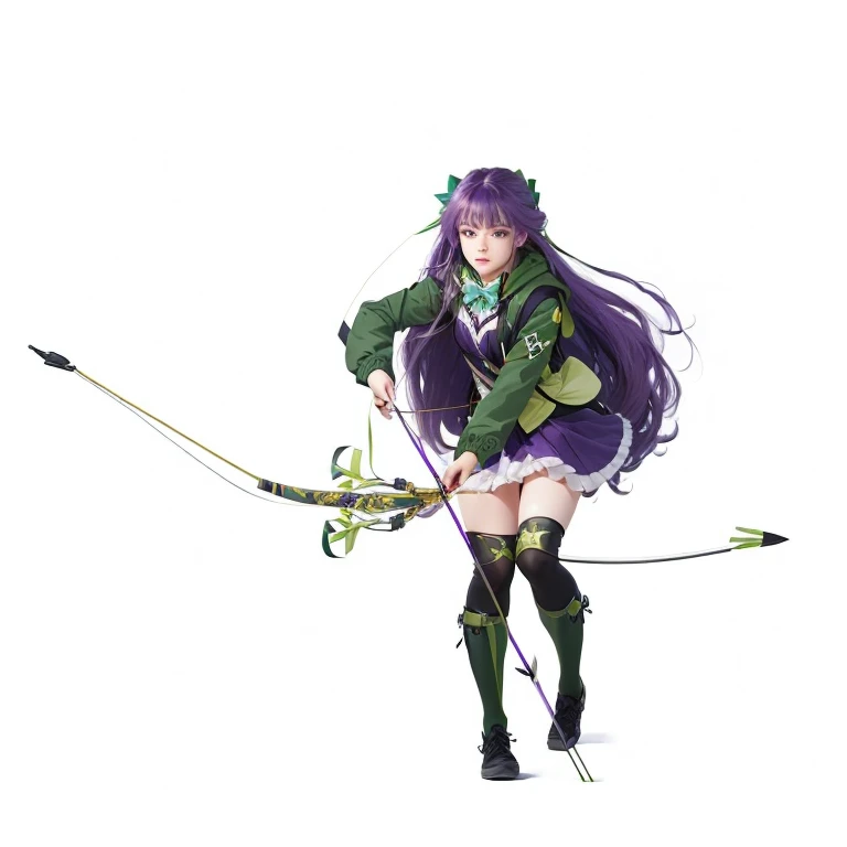 Beauty girl with long purple hair and green jacket holding a bow, cute girl with a bow and arrow, 