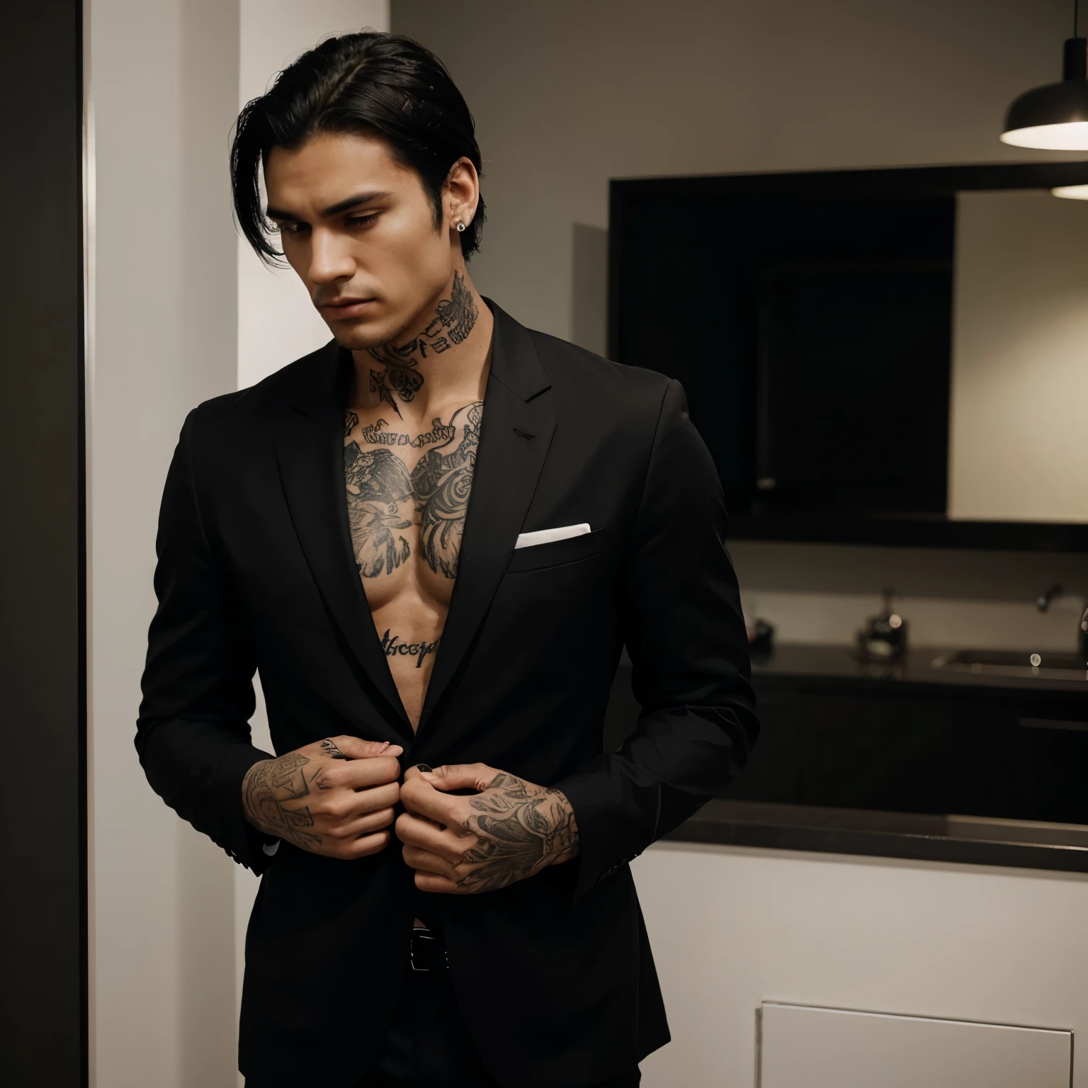 A man with a black suit, with tattoo on the neck, with black hair in a comma style