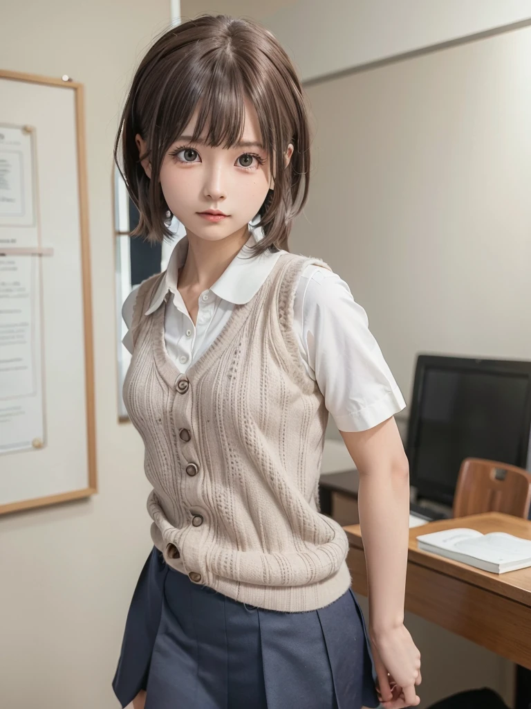 Masterpiece, Top Quality, Top Mikoto, brown eyes, short hair, small breasts, looking at viewer, alone, closed mouth, collared shirt, beige knit vest, dark blue Skirt, school_uniform, shirt, white_shirt, classroom,Masterpiece, highest quality, 8K, detailed skin texture, fine cloth texture, beautiful detailed face, intricate details, super detailed,cute,cute posing,composition that shows the whole body,