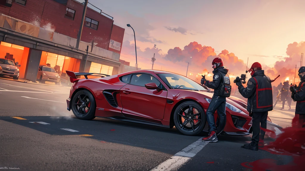 parking lot with motorcycles, cameraman, masked crowd behind, sports cars, red smoke bombs