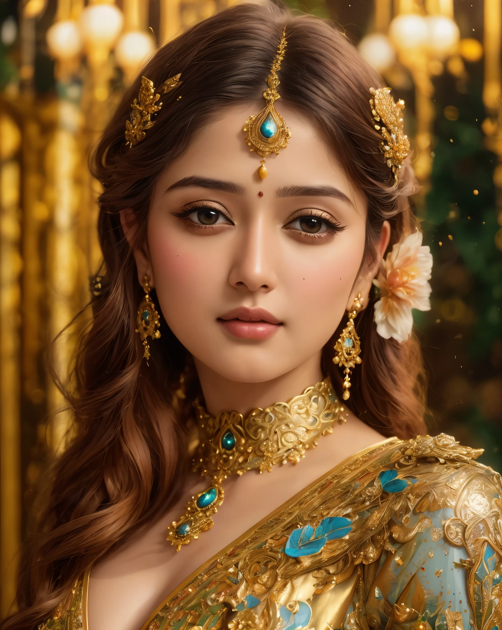 Face mix of Anushka Shetty and Nayanthara, a masterpiece ultrarealistic ultradetailed portrait of a beautiful girl in incredible goledn armor. baroque renaissance. in forest. medium shot, intricate, elegant, highly detailed. trending on artstation, digital art, by stanley artgerm lau, wlop, rossdraws, james jean, andrei riabovitchev, marc simonetti, yoshitaka amano. background by james jean and gustav klimt, light by julie bell, 4 k, porcelain skin.