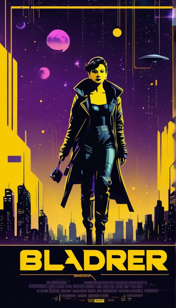 《bladerunner》filmposter:1 lady, Starry sky and zodiac constellations, The purple hue is like a nebula, Vast space, Cyber punk perssonage bottom city, ( Background with:black and yellow Background with1.4), (symmetry:1.2), (artistic décor:1.4), (Retro-Future:1.4), (Minimalist:1.4), (Clean:1.4), (Flat_colours:1.4), (cyber punk perssonage,Android:1.4), CCDDA art style