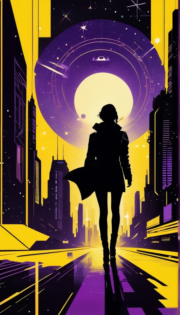 《bladerunner》filmposter:1 lady, Starry sky and zodiac constellations, The purple hue is like a nebula, Vast space, Cyber punk perssonage bottom city, ( Background with:black and yellow Background with1.4), (symmetry:1.2), (artistic décor:1.4), (Retro-Future:1.4), (Minimalist:1.4), (Clean:1.4), (Flat_colours:1.4), (cyber punk perssonage,Android:1.4), CCDDA art style
