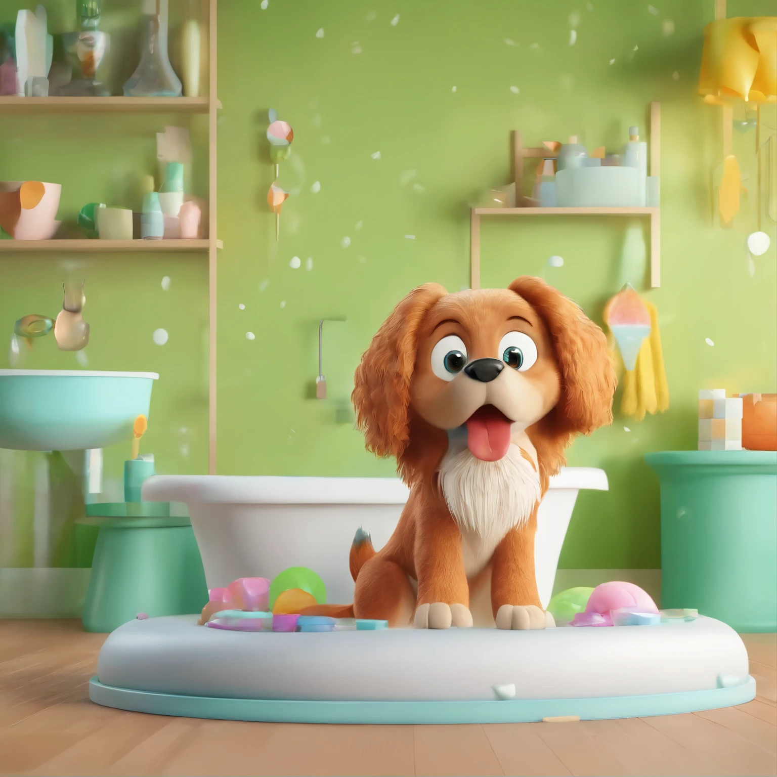 BATHTUB CONTAINING a beautiful happy 3D cartoon character Pixar style adult dog seen from the front with voluminous fur and well-groomed hairstyles inside a BATHTUB with FOAM AND SOAP BUBBLES on a clean light green background, without details, in high resolution and with maximum realism , without cutting the subject. Studio light. Studio environment. Clean scene. 4K.