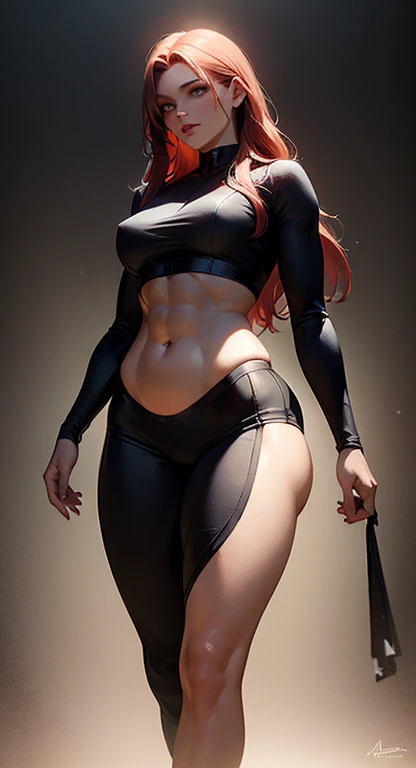 A stunningly realistic dark fantasy portrait of a tall, leggy red-haired woman with a chiseled abs, small waist, large emerald green eyes, and plump lips. She stands confidently, her body displayed in all its glory. The background is a mix of dark, brooding colors, with some ethereal elements, creating an atmospheric and mysterious setting. The overall tone of the image is a blend of beauty, power, and darkness., dark fantasy, portrait photography, painting