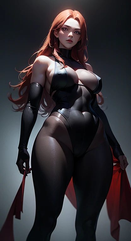 A stunningly realistic dark fantasy portrait of a tall, leggy red-haired woman with a chiseled abs, small waist, large emerald green eyes, and plump lips. She stands confidently, her body displayed in all its glory. The background is a mix of dark, brooding colors, with some ethereal elements, creating an atmospheric and mysterious setting. The overall tone of the image is a blend of beauty, power, and darkness., dark fantasy, portrait photography, painting