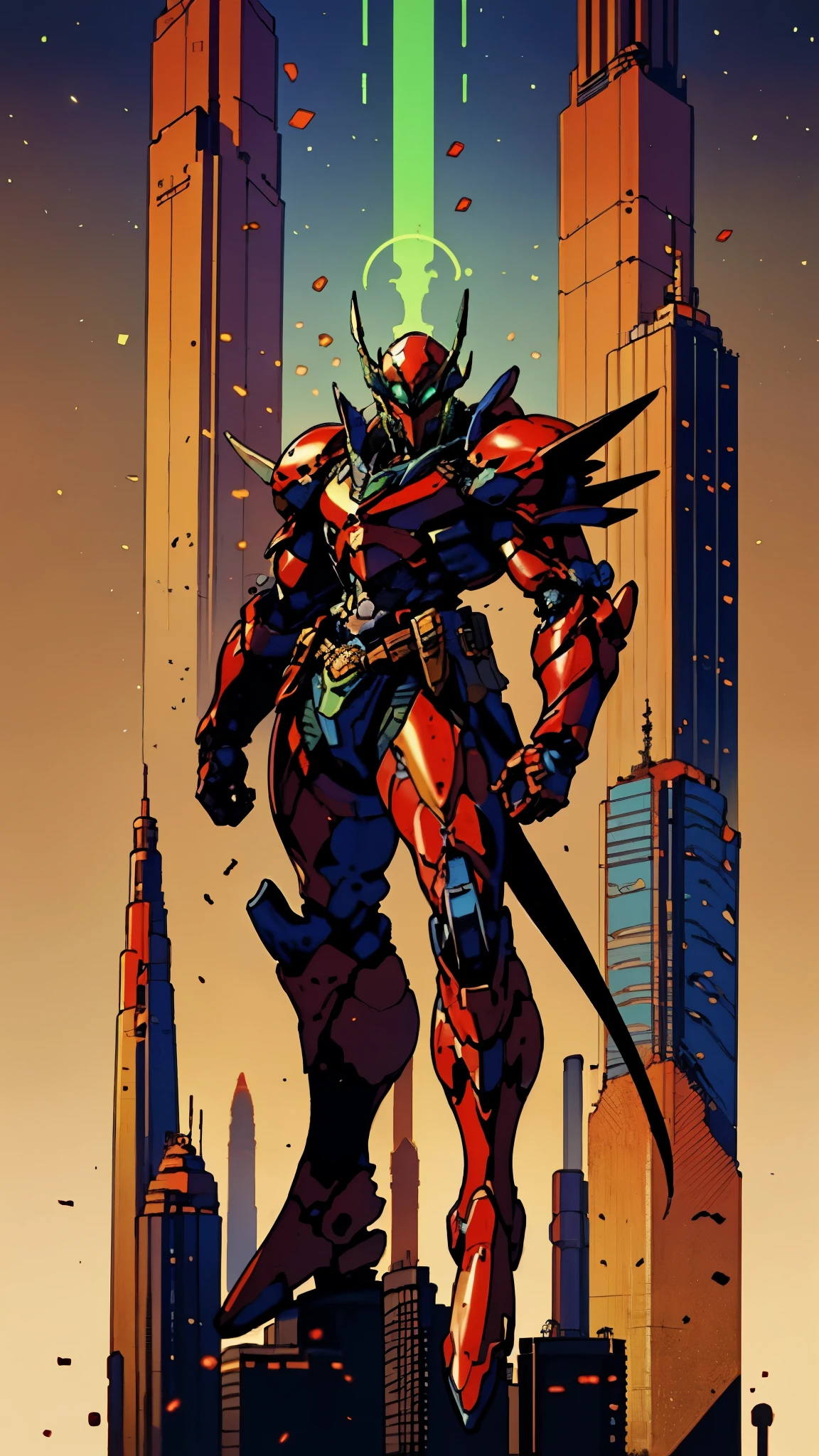 A man wearing a full-face helmet, a fantasy-style biotech armored combat suit, green eyes, (a composite layered chest armor), fully enclosed shoulder guards, matching arm and leg guards, the belt is adorned with Beetle-shaped gem, (the color scheme is primarily black with red accents), the design balances heavy with agility, a high-tech bio-mecha armor, (Dynastinae concept Armor, stand on the top of a skyscraper in a futuristic sci-fi city), this character embodies a finely crafted fantasy-surreal style armored hero in anime style, exquisite and mature manga art style, (element, plasma, energy, the armor glows), ((male:1.5)), metallic, real texture material, dramatic, high definition, best quality, highres, ultra-detailed, ultra-fine painting, extremely delicate, professional, perfect body proportions, golden ratio, anatomically correct, symmetrical face, extremely detailed eyes and face, high quality eyes, creativity, RAW photo, UHD, 32k, Natural light, cinematic lighting, masterpiece-anatomy-perfect, masterpiece:1.5