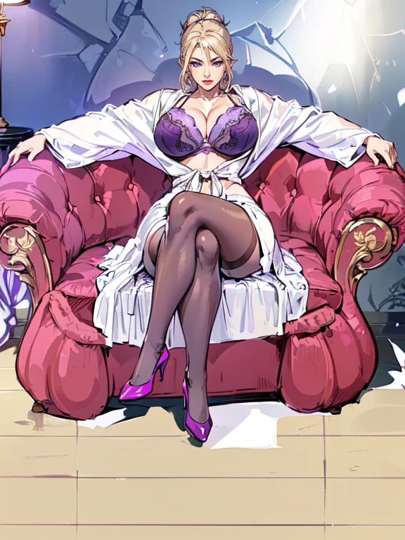 ((1girl, solo, Reina Morimoto, morimoto_reina, (blue eyes, hair bun, high bun of hair), lipstick, jade earrings, muscular, fitness)), beautiful)), ((solo, (1woman, pink lipstick), Extremely detailed, ambient soft lighting, 4k, perfect eyes, a perfect face, perfect lighting, a 1girl)), ((fitness, shapely body, athletic body, toned body)),, (((white robe, purple pantyhose, purple bra, purple bra, high heels, red sofa, sitting, legs crossed, relaxing, hair fringe)))