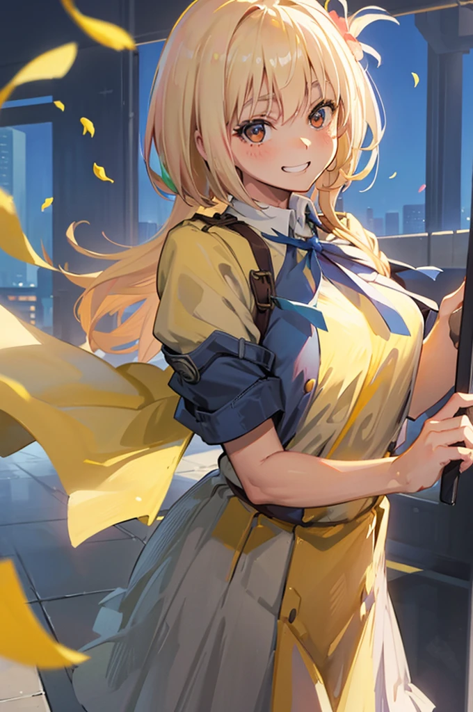 masterpiece、top-quality、Female one、bangss、platinum-blonde、yellow 、yellow blush、breastsout、Y shirt、face close up,
、dress shirts、Eyebrows visible through the hair、Grinning、Bob Hair、Viewer's Perspective、yellow tie ribbon、Akame、student clothes、a blue skirt、A smile、solo、perfect fingars, , blue-sky、flower petals、Fashionable、sano、colourfull、Dynamic、City background lined with skyscrapers