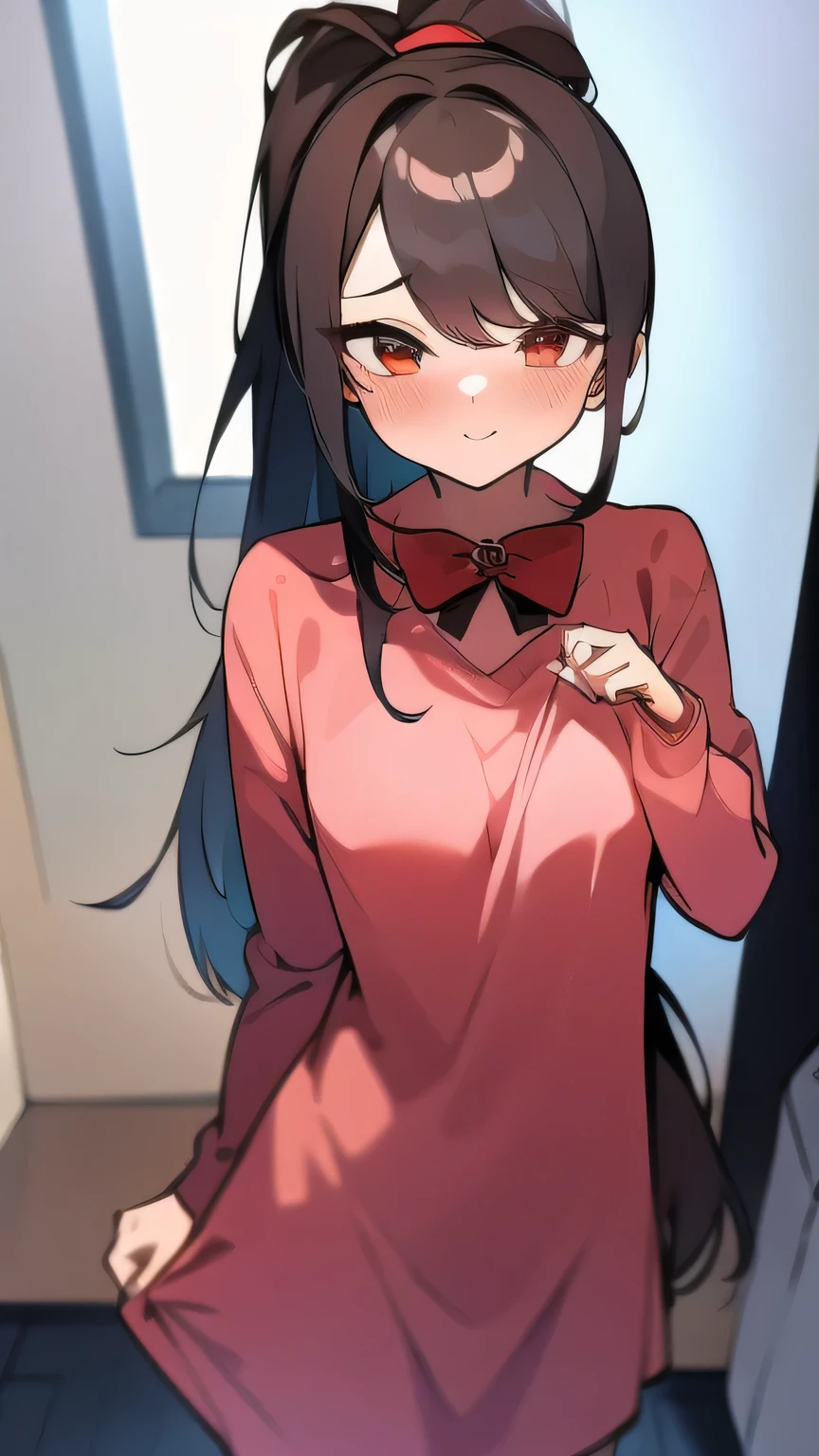 Adulta joven, Cabello negro ondulado, mirada penetrante con ojos profundos de color rojo, estatura promedio, Silky hair with a ponytail hairstyle collected with a red bow with two white lines, tiene pechos, primer plano, Session, standing in the middle of his room [[[[pervertida]]] , Sonrojada, mini dress transparent lingerie, NSFW