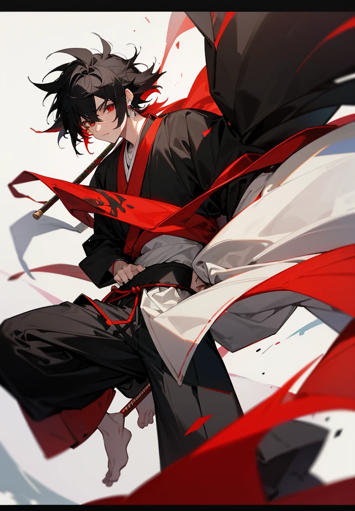 1male , Multicolored Hair , White and Black Hair , Messy Hair , Large Ear Rings , Red Martial Arts Clothing , Black Baggy Pants , Red Haori, Grey Sash, Flute 
