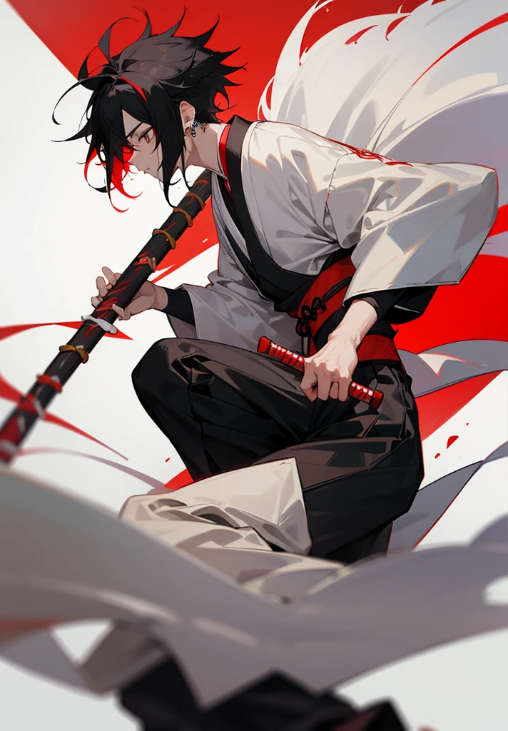 1male , Multicolored Hair , White and Black Hair , Messy Hair , Large Ear Rings , Red Martial Arts Clothing , Black Baggy Pants , Red Haori, Grey Sash, Flute