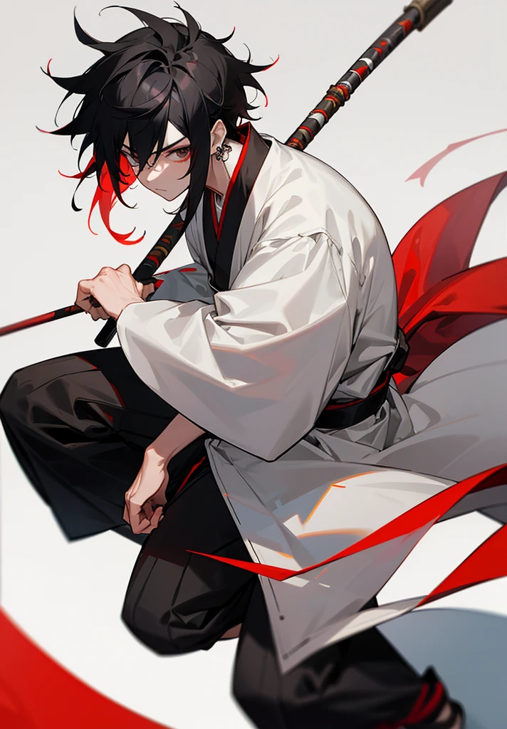 1male , Multicolored Hair , White and Black Hair , Messy Hair , Large Ear Rings , Red Martial Arts Clothing , Black Baggy Pants , Red Haori, Grey Sash, Flute 