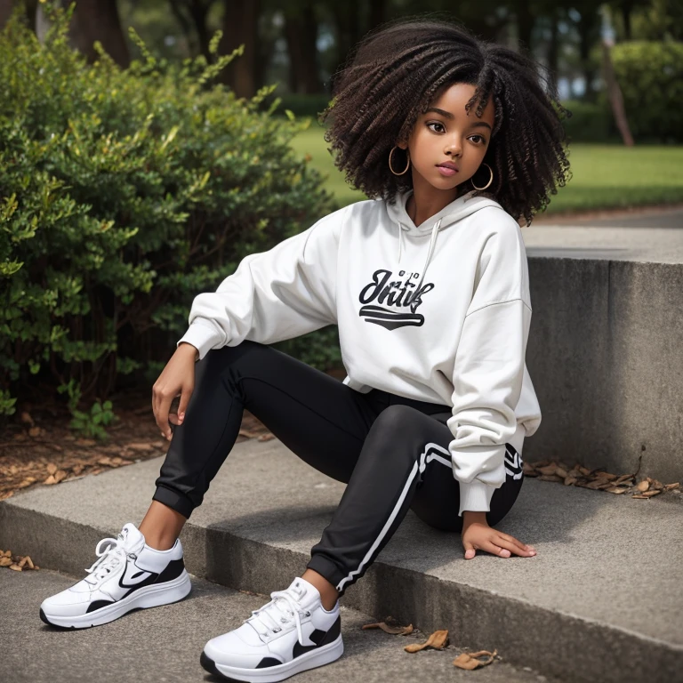 girl with curly hair, brown skin, white sweatshirt, white and black sneakers, black pants,Park