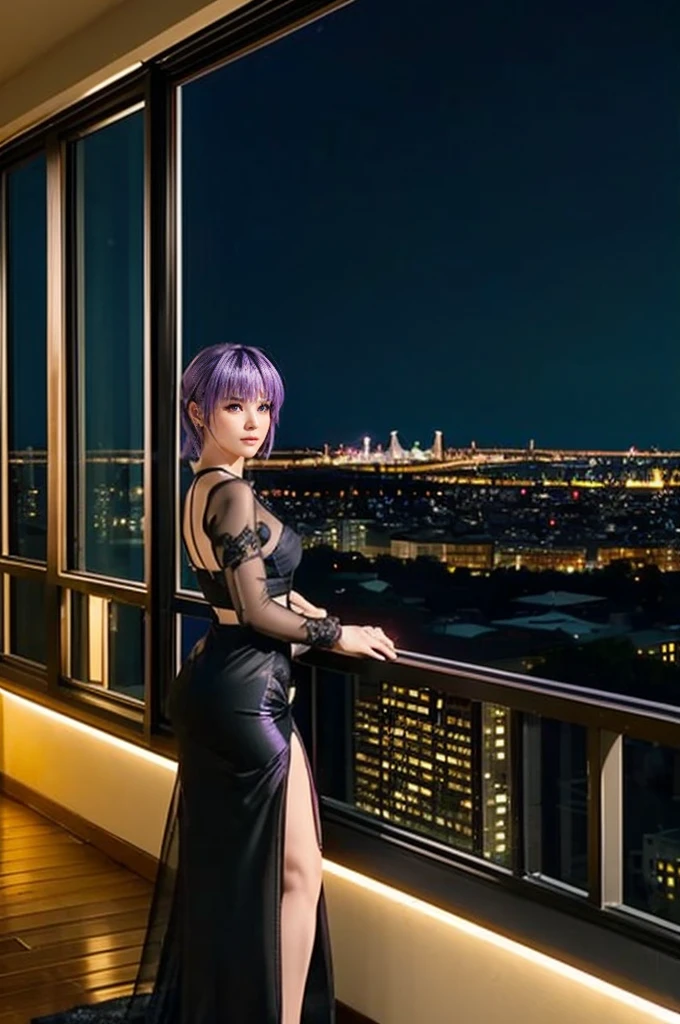 AYANE, purple hair, (melhor qualidade,ultra-detalhado,Realista:1.37), lindo rosto detalhado,Simetria perfeita,corpo perfeitamente modelado,Maquiagem perfeita,cores vivas,studio lighting