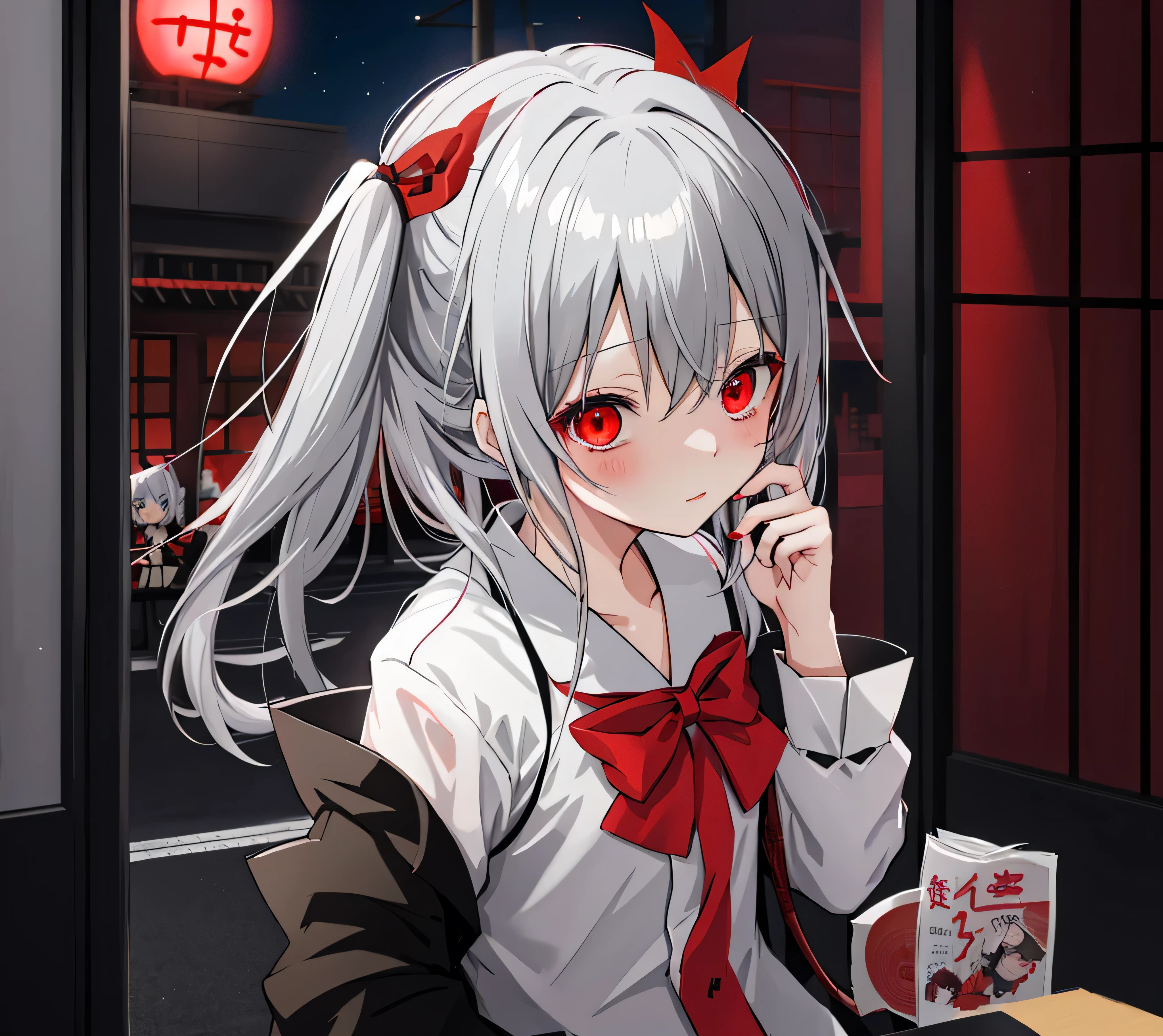 hatunemiku,ribon,red eye,suit,anime Gray Hairの女の子 and red eyes sitting in a car, gapmoe yandere, yandere, Gap Moe Yandere Grim Dark, portrait Gap Moe Yandere Grim Dark, yandere. expensive, Travel Udon Neinaba, Gray Hair, Gray Hairの, With glowing red eyes, Yandere, shikamimi, Gray Hairの女の子