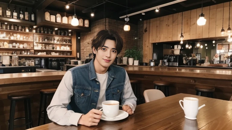 musician、A refreshing, handsome man in his 20s、（Super cool S-class guy）、Japanese Male, 20-year-old、、Photographed inside the cafe、a handsome guy、（CG Unity 8K high resolution photo）、（Very detailedＳA handsome guy in class）、（Realistic）、（highest quality））、Very detailed、super high quality、expensive、audience、kind person、Very beautiful hair　Perm Hair、Bright photo、Handsome like a model、Handsome like an idol、Looking at the camera、inside a stylish cafe