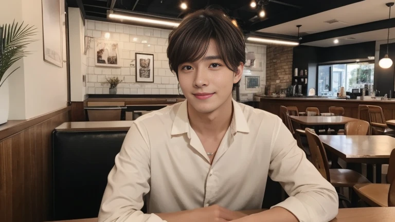 musician、A refreshing, handsome man in his 20s、（Super cool S-class guy）、Japanese Male, 20-year-old、、Photographed inside the cafe、a handsome guy、（CG Unity 8K high resolution photo）、（Very detailedＳA handsome guy in class）、（Realistic）、（highest quality））、Very detailed、super high quality、expensive、audience、kind person、Very beautiful hair　Perm Hair、Bright photo、Handsome like a model、Handsome like an idol、Looking at the camera、inside a stylish cafe