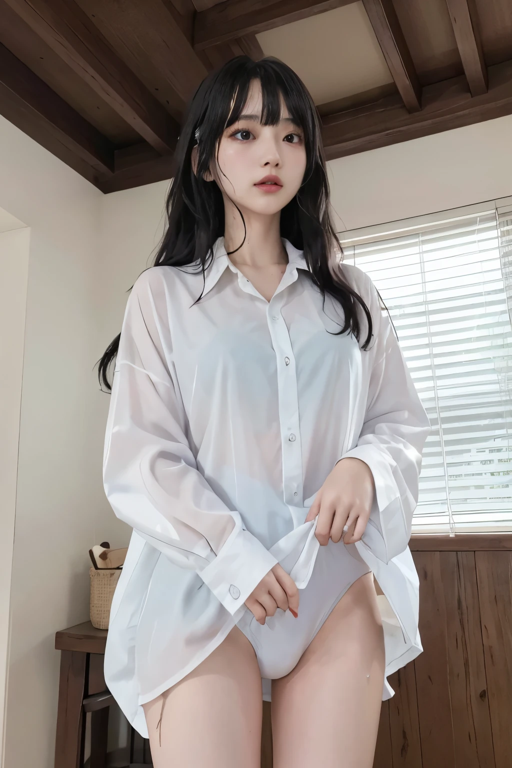 Masterpiece、highest quality、Woman 1、Super detailed、A woman looking up from directly below　Black Hair、Long Hair、Blunt Bangs、Wet Hair　Wet shirt、over size white shirt、Long shirt、Swimwear　shirt lift、Lift the shirt、シャツの下にSwimwear　Look underneath the shirt　Soft thighs　ceiling