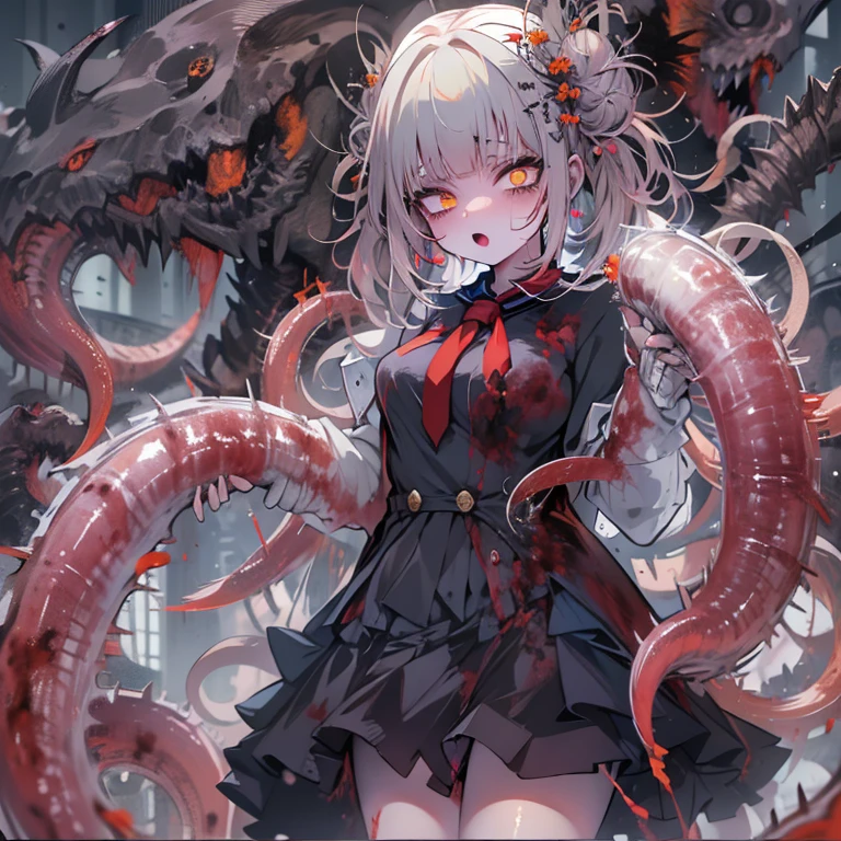 masterpiece, best quality, masterpiece,best quality,official art,extremely detailed CG unity 8k wallpaper, show foot, ***********, solo, kawaii, no_humans, medium hair, black hair, tentacle hair, saliva, blood on face, light blush, red eyes, blood from eyes, large breasts, hanging breasts, one breast out, seifuku, black pantyhose, uwabaki, tentacle, vore, bdsm, girl_on_top, sex, femdom, facesitting, pussy_juice, female_ejaculation, cum, zombie  girl ，one girl one boy，Girl infects man，Man under girl，Zombie girl，Blood on the face，Zombie girl感染人类，Zombie Lori，White stockings