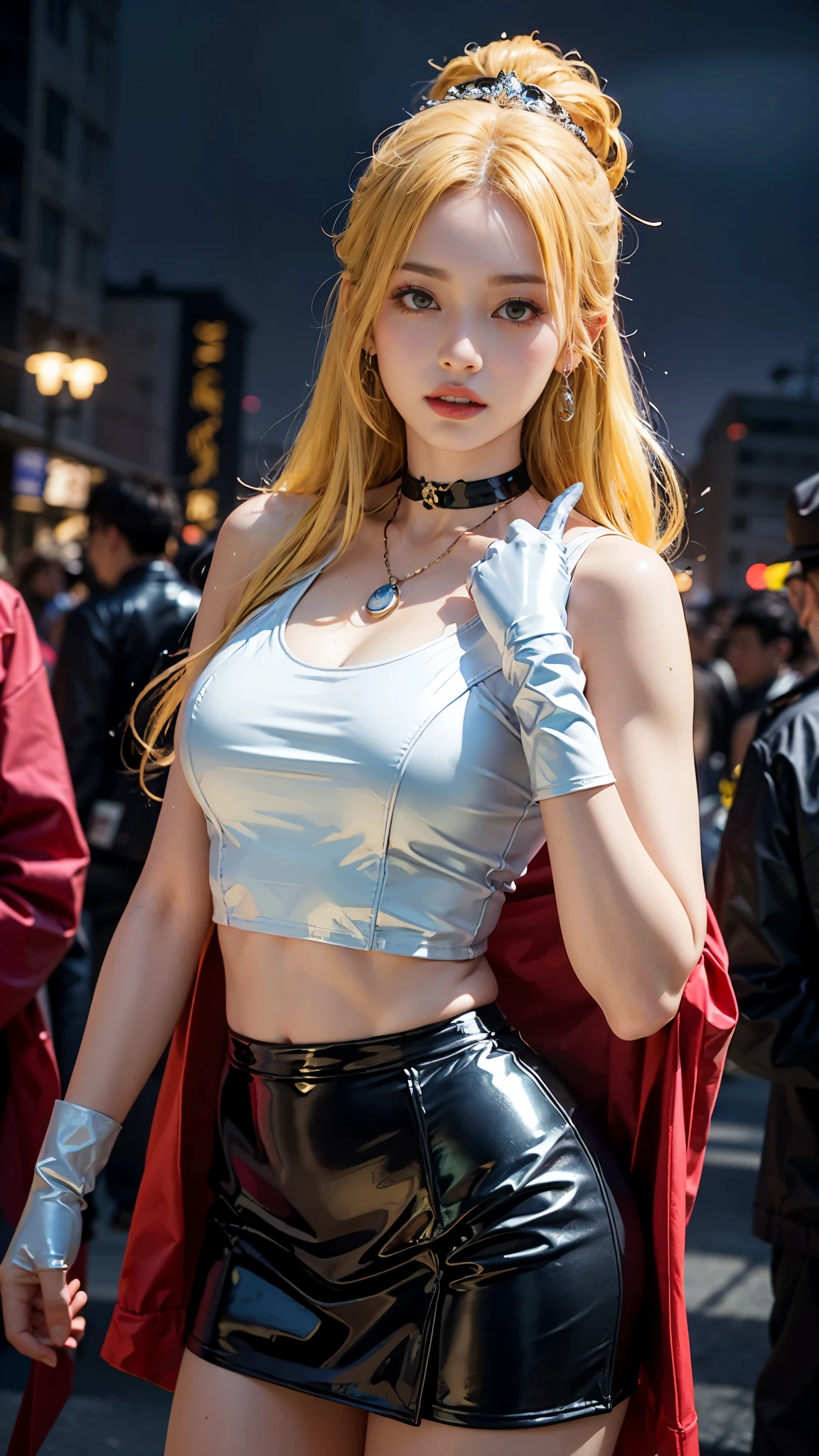((masterpiece:1.4)、(highest quality:1.4)、(Realistic:1.7))、Masterpiece:1.4、(Top-notch rendering:1.4)、beautiful girl、(beautiful girl戦士セーラームーン2:1.7)、moon野うさぎ、(Body Fit Sexy Sailor Warrior Uniform:1.4)、(Shiny latex:1.7)、(The jacket is a white sleeveless sailor suit....:1.4)、(Skirt Blue Sexy Ultra Ultra Pleated Mini Skirt:1.4)、The sailor suit collar has two thin blue lines...............:1.2、High leg swimsuit、Red cloth decoration on chest:1.2、(Wearing white gloves)、Cute Girl、Super Beauty、Sharp Focus、Portrait Photography:1.4、8k、Photorealistic images:1.4、(Perfect female body:1.4)、Perfect proportions、(Upper body shot:1.4)、Beautiful Face、Beautiful Eyes、(Narrow waist:1.4)、(9-body proportions beautiful girl:1.4)、(足が長くスタイルの良いbeautiful girl:1.4)、Beautiful feet:1.2、(Yellow Hair:1.4)、(Long Hair:1.2)、(ponytail:1.2)、Beautiful breasts、Large Breasts:1.2、sexy ass、Raw photo、Red lips、Red high heels:1.4、choker:1.4、necklace:1.4、Earrings:1.4、Gorgeous golden tiara:1.4、1 Screen Display:1.4、moon、universe、universe船、universeステーション、City of the Future